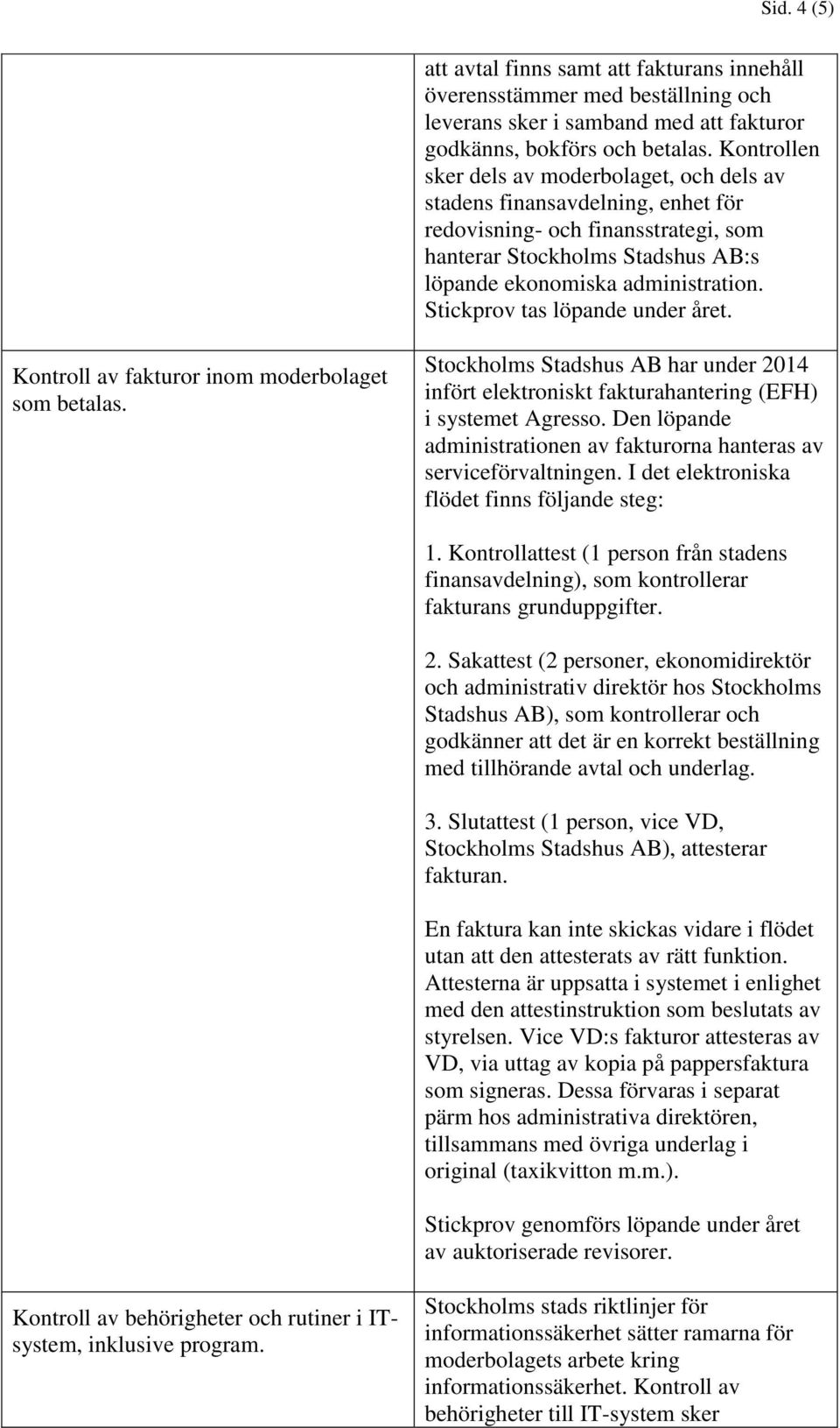 Stickprov tas löpande under året. Kontroll av fakturor inom moderbolaget som betalas. Stockholms Stadshus AB har under 2014 infört elektroniskt fakturahantering (EFH) i systemet Agresso.