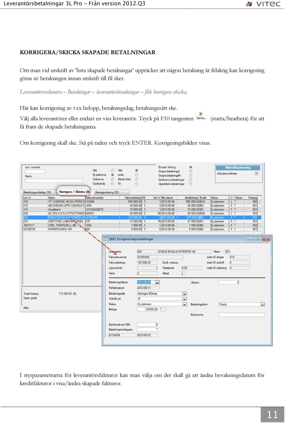 Välj alla leverantörer eller endast en viss leverantör. Tryck på F10 tangenten få fram de skapade betalningarna. (starta/bearbeta) för att Om korrigering skall ske.