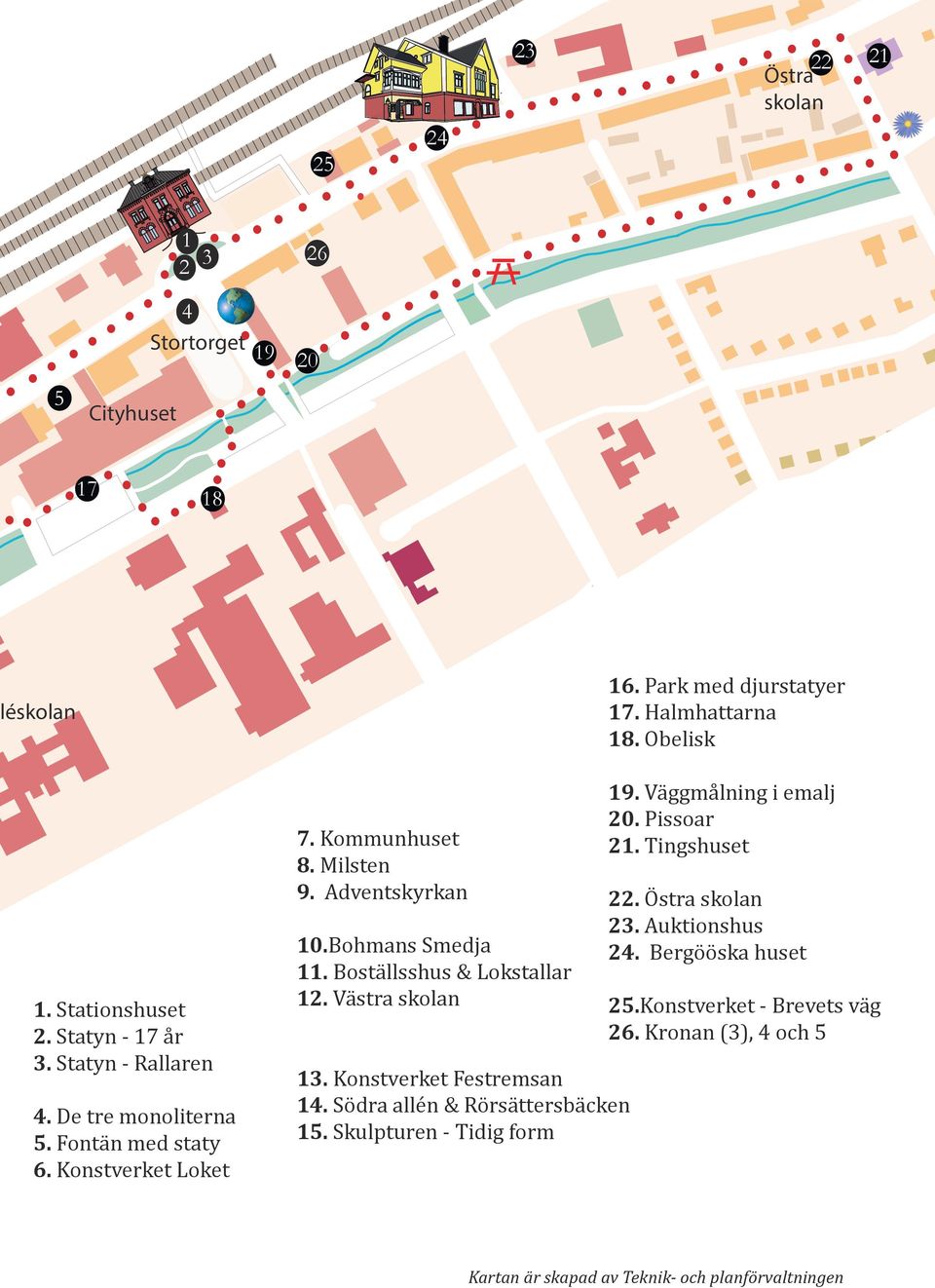 Konstverket Festremsan 14. Södra allén & Rörsättersbäcken 15. Skulpturen - Tidig form 16. Park med djurstatyer 17. Halmhattarna 18. Obelisk 19. Väggmålning i emalj 20.