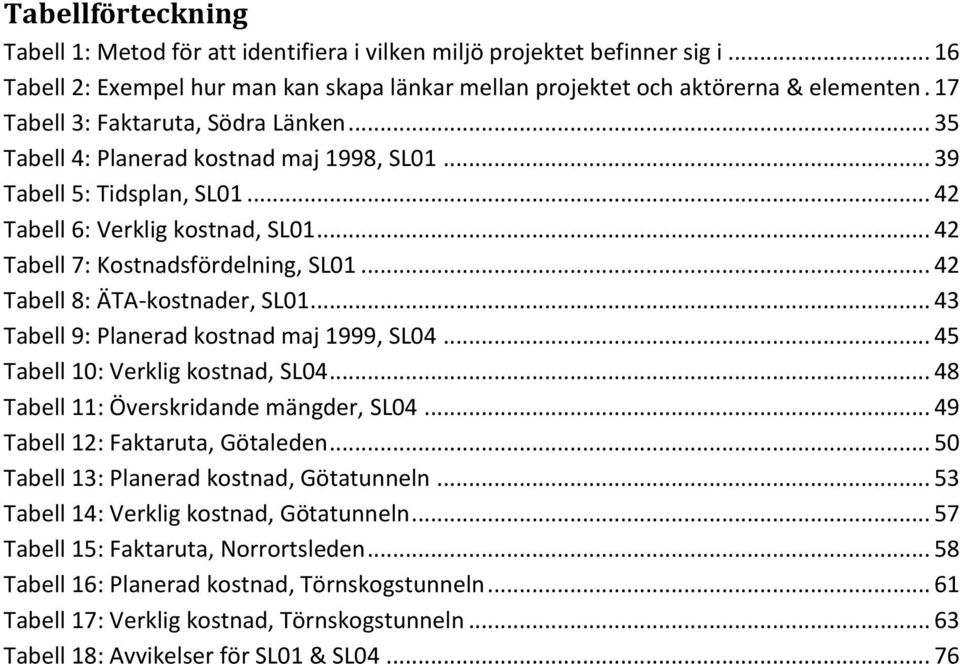 .. 42 Tabell 8: ÄTA-kostnader, SL01... 43 Tabell 9: Planerad kostnad maj 1999, SL04... 45 Tabell 10: Verklig kostnad, SL04... 48 Tabell 11: Överskridande mängder, SL04.