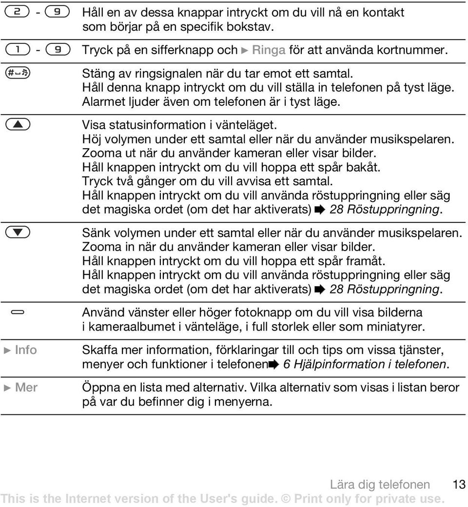 Visa statusinformation i vänteläget. Höj volymen under ett samtal eller när du använder musikspelaren. Zooma ut när du använder kameran eller visar bilder.