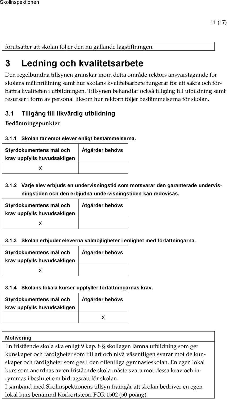 förbättra kvaliteten i utbildningen. Tillsynen behandlar också tillgång till utbildning samt resurser i form av personal liksom hur rektorn följer bestämmelserna för skolan. 3.