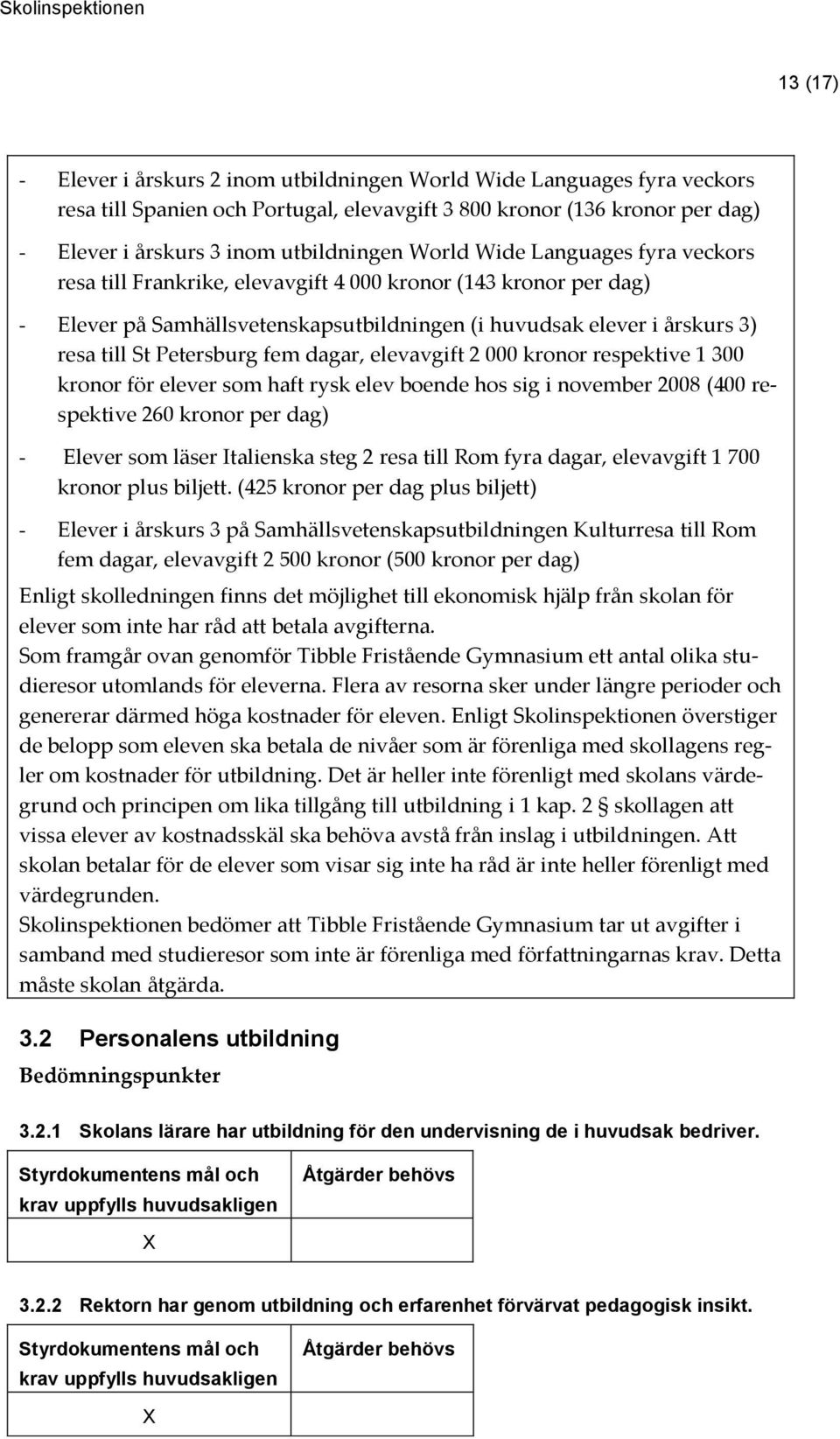 fem dagar, elevavgift 2 000 kronor respektive 1 300 kronor för elever som haft rysk elev boende hos sig i november 2008 (400 respektive 260 kronor per dag) - Elever som läser Italienska steg 2 resa