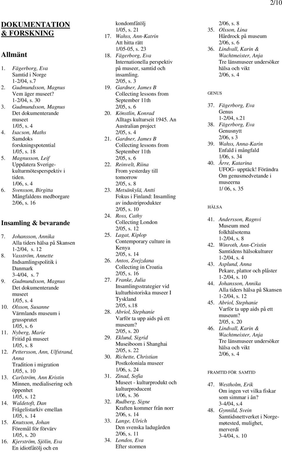 Johansson, Annika Alla tiders hälsa på Skansen 1-2/04, s. 12 8. Vasström, Annette Indsamlingspolitik i Danmark 3-4/04, s. 7 9. Gudmundsson, Magnus Det dokumenterande museet 1/05, s. 4 10.