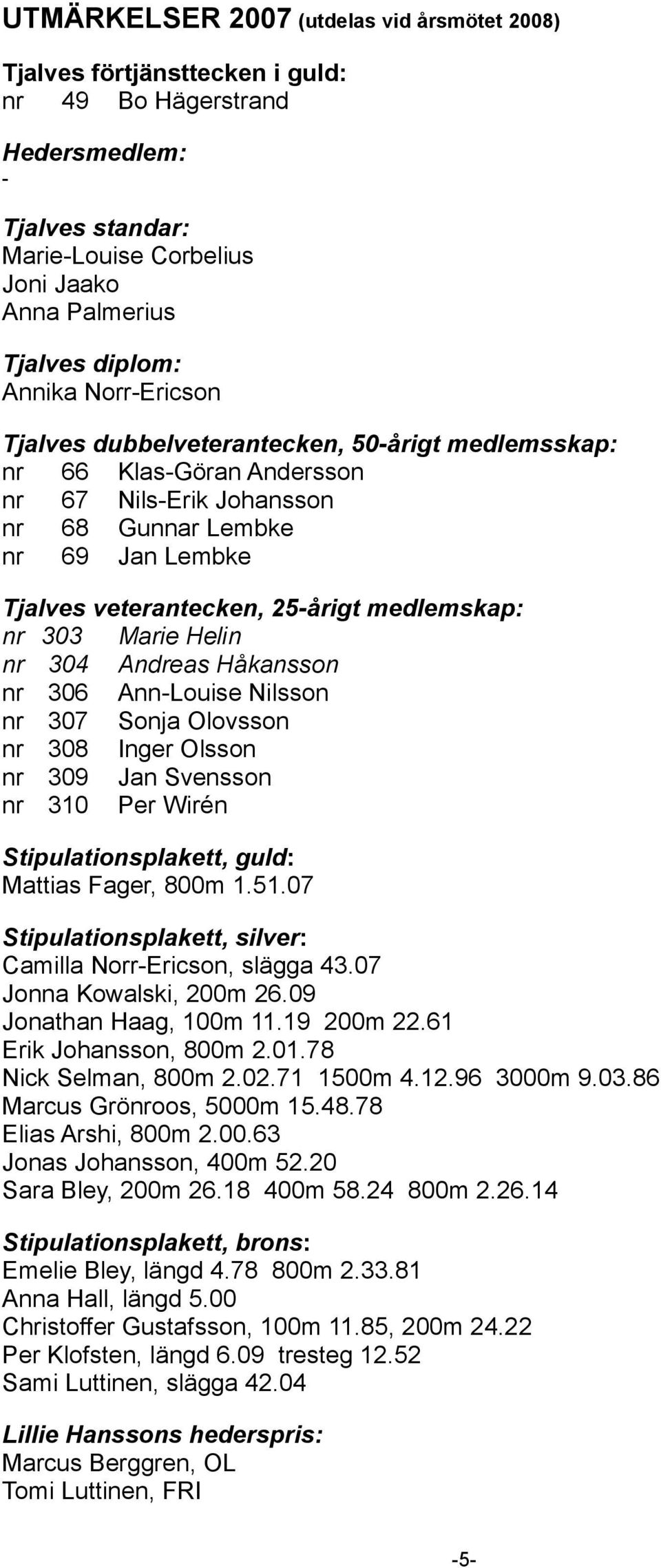 medlemskap: nr 303 Marie Helin nr 304 Andreas Håkansson nr 306 Ann-Louise Nilsson nr 307 Sonja Olovsson nr 308 Inger Olsson nr 309 Jan Svensson nr 310 Per Wirén Stipulationsplakett, guld: Mattias