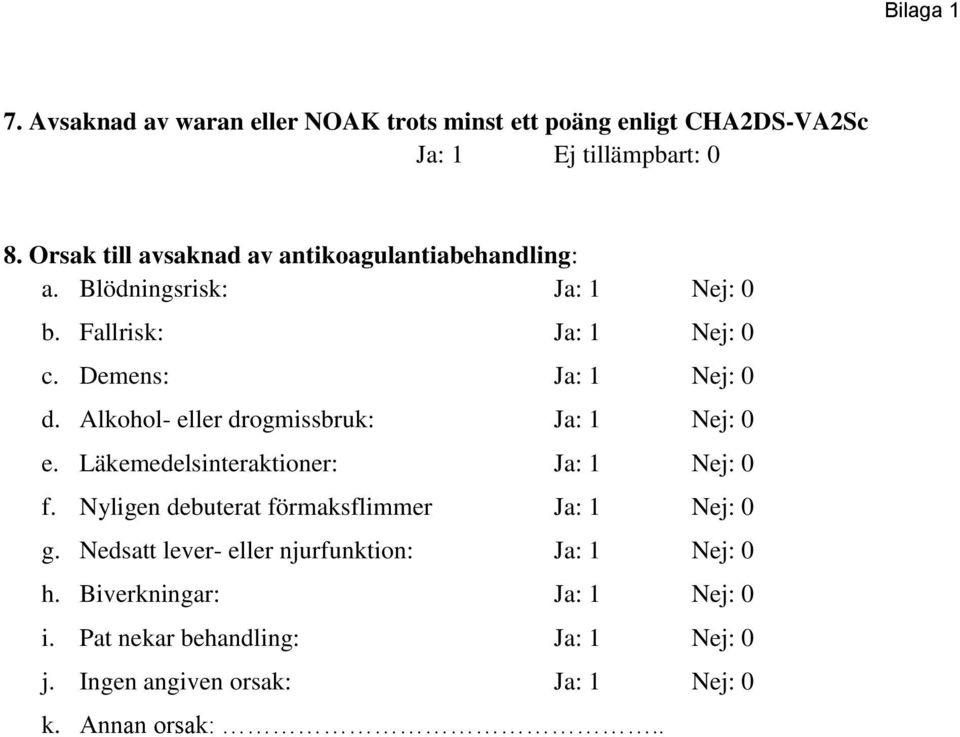 Alkohol- eller drogmissbruk: Ja: 1 Nej: 0 e. Läkemedelsinteraktioner: Ja: 1 Nej: 0 f. Nyligen debuterat förmaksflimmer Ja: 1 Nej: 0 g.