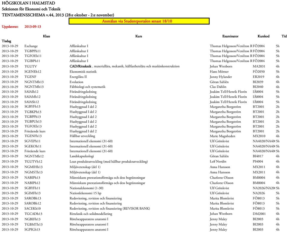 maskinkonstruktion Johan Wretborn MA2031 4h 2013-10-29 SGENEh12 Ekonomisk statistik Hans Mörner FÖ2050 2013-10-29 TGENF Energilära II Jonny Hylander ER2019 4h 2013-10-29 NGNTMh13 Evolution Göran