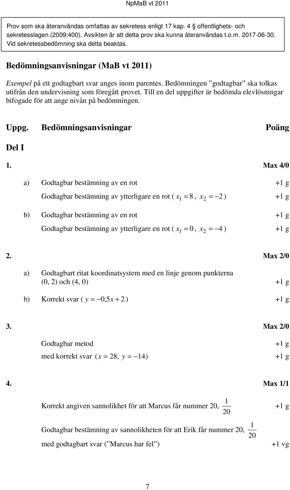 Bedömningen godtagbar ska tolkas utifrån den undervisning som föregått provet. Till en del uppgifter är bedömda elevlösningar bifogade för att ange nivån på bedömningen. Uppg.