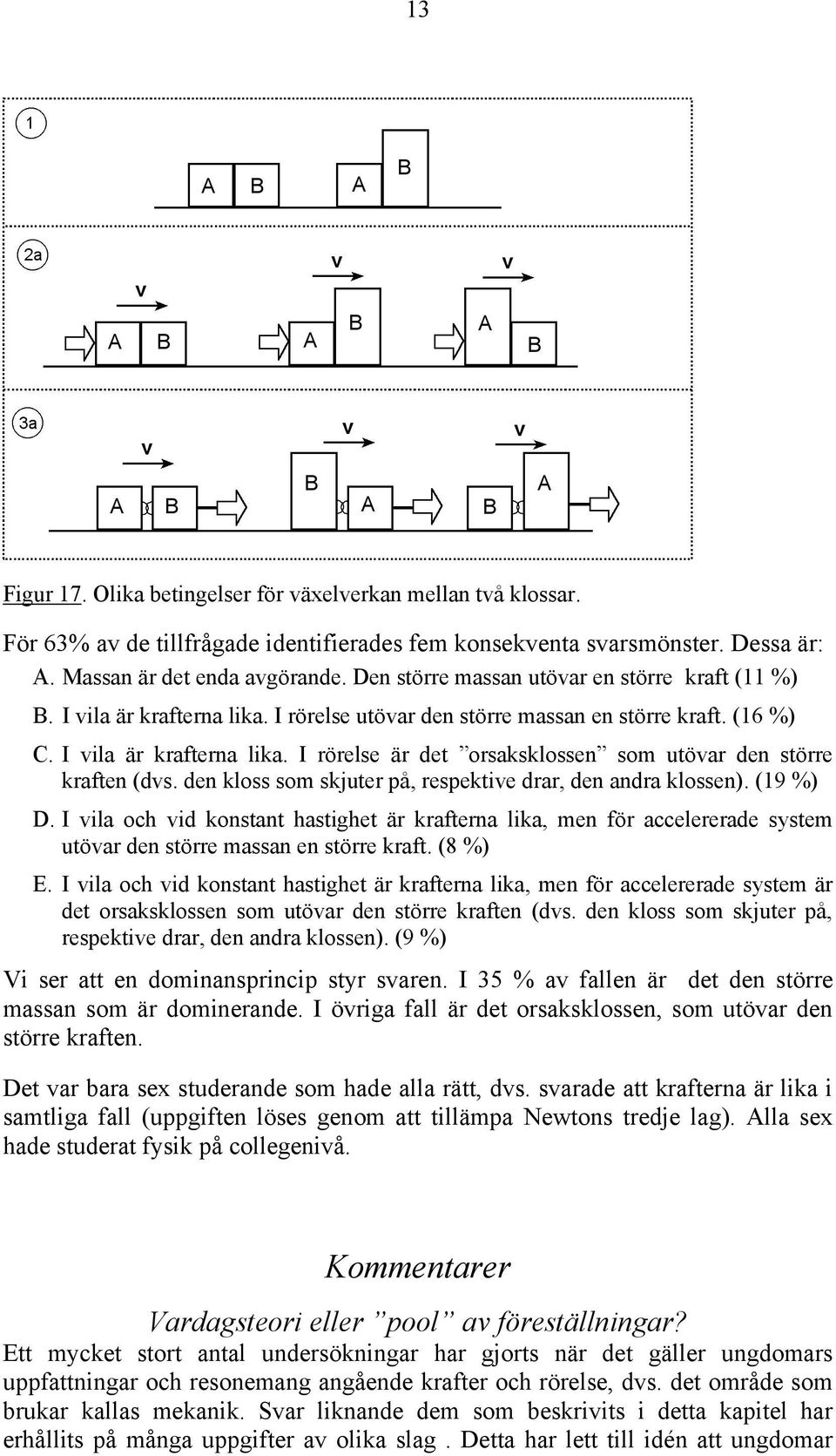 den kloss som skjuter på, respektive drar, den andra klossen). (19 %) D. I vila och vid konstant hastighet är krafterna lika, men för accelererade system utövar den större massan en större kraft.