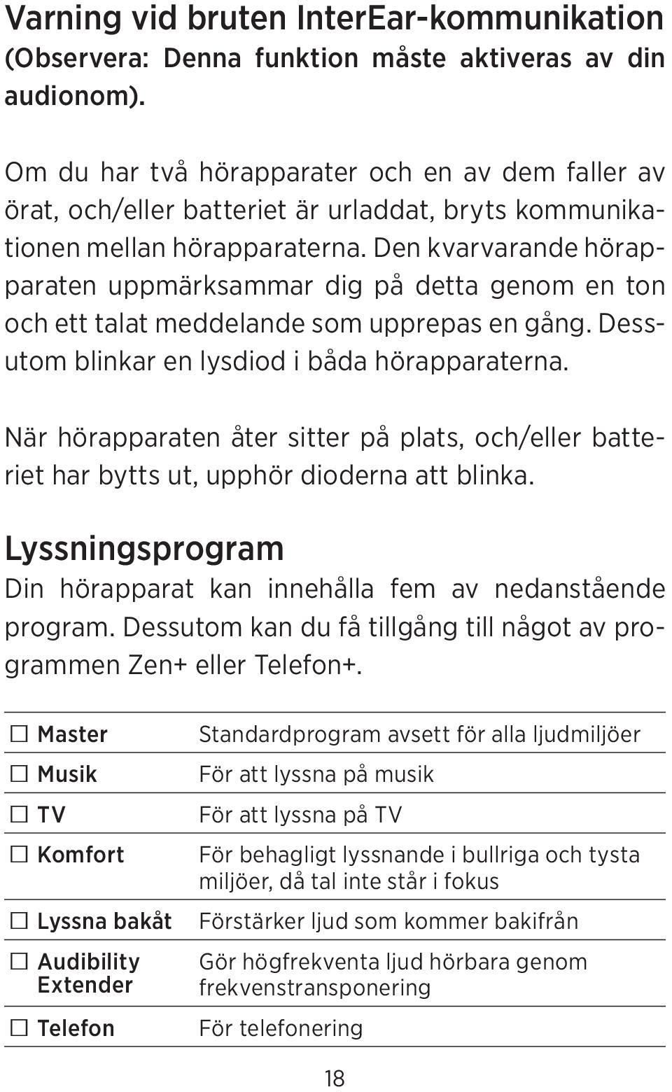 Den kvarvarande hörapparaten uppmärksammar dig på detta genom en ton och ett talat meddelande som upprepas en gång. Dessutom blinkar en lysdiod i båda hörapparaterna.