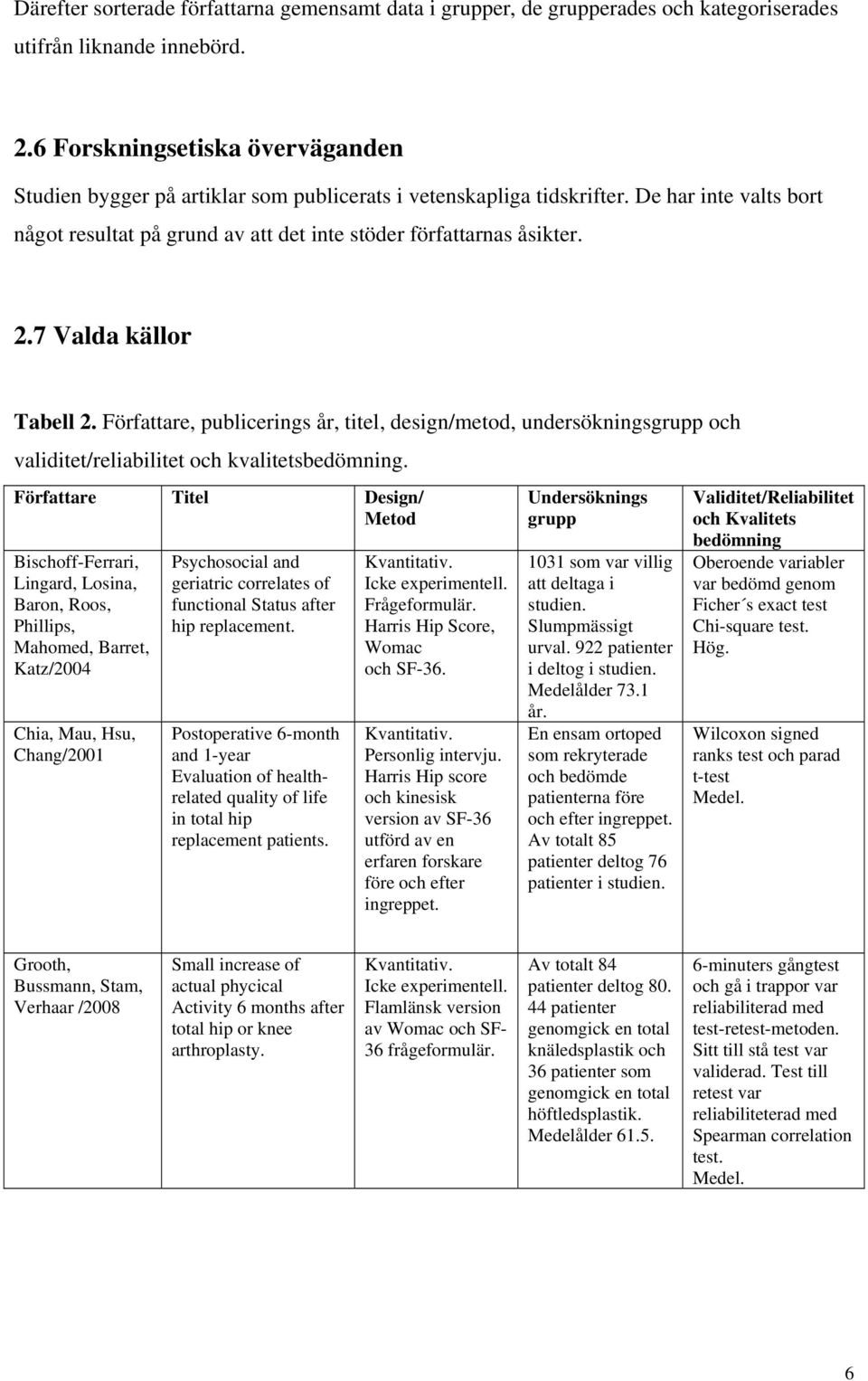 7 Valda källor Tabell 2. Författare, publicerings år, titel, design/metod, undersökningsgrupp och validitet/reliabilitet och kvalitetsbedömning.