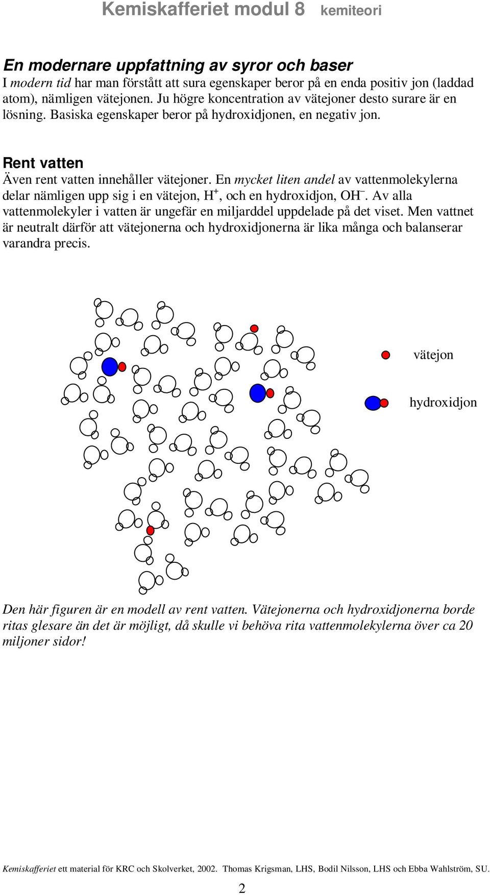 En mycket liten andel av vattenmolekylerna delar nämligen upp sig i en vätejon, H +, och en hydroxidjon, OH. Av alla vattenmolekyler i vatten är ungefär en miljarddel uppdelade på det viset.