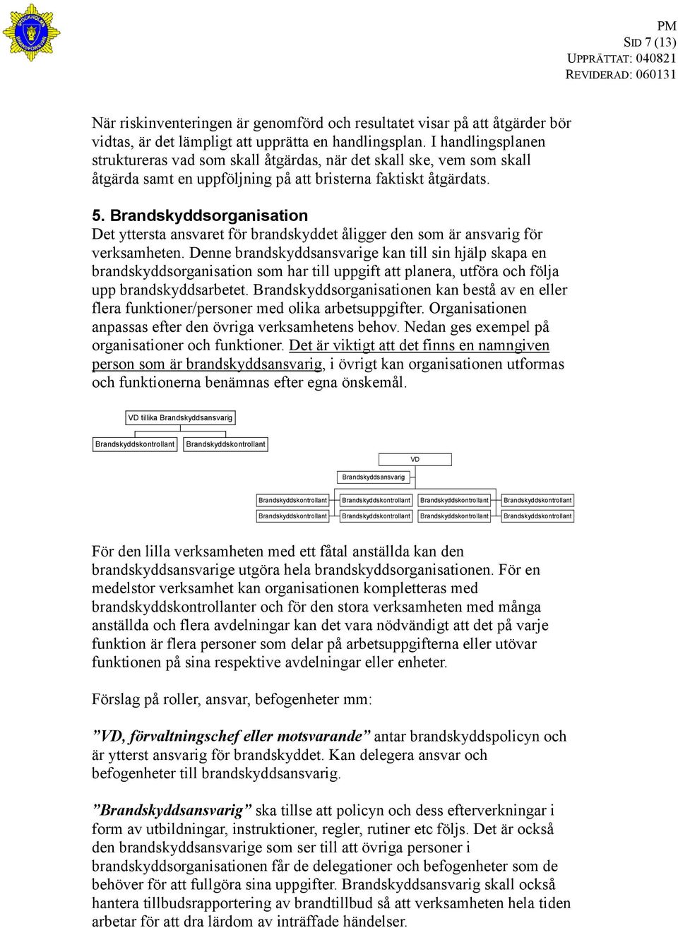 Brandskyddsorganisation Det yttersta ansvaret för brandskyddet åligger den som är ansvarig för verksamheten.