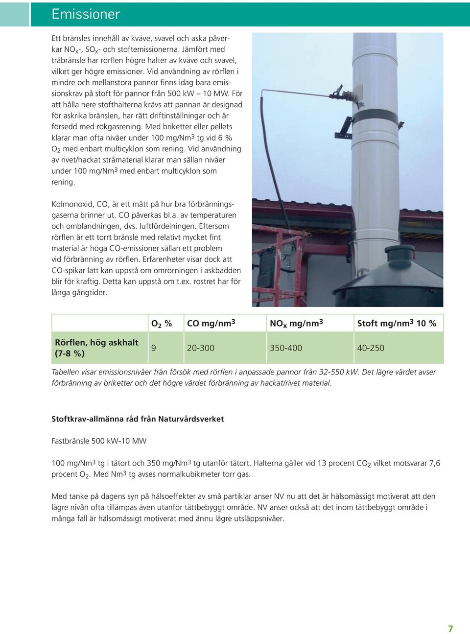 Vid användning av rörflen i mindre och mellanstora pannor finns idag bara emissionskrav på stoft för pannor från 500 kw 10 MW.