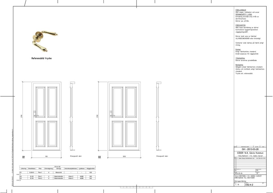 2013-04-02 15:40:27 D1 910 D1 & D2 Littrering Brandklass Plan Dörrslagning Dörrtyp Inbrottsskyddsklass Ljudklass Väggtjocklek D1 Ei.