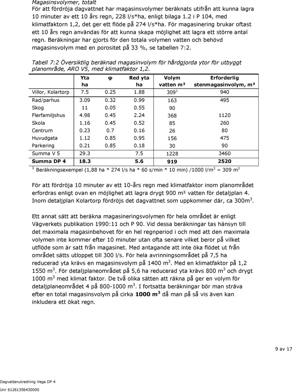 Beräkningar har gjorts för den totala volymen vatten och behövd magasinsvolym med en porositet på 33 %, se tabellen 7:2.