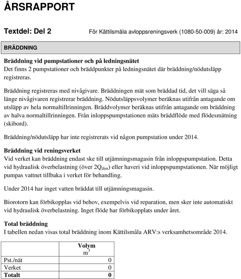 Nödutsläppsvolymer beräknas utifrån antagande om utsläpp av hela normaltillrinningen. Bräddvolymer beräknas utifrån antagande om bräddning av halva normaltillrinningen.