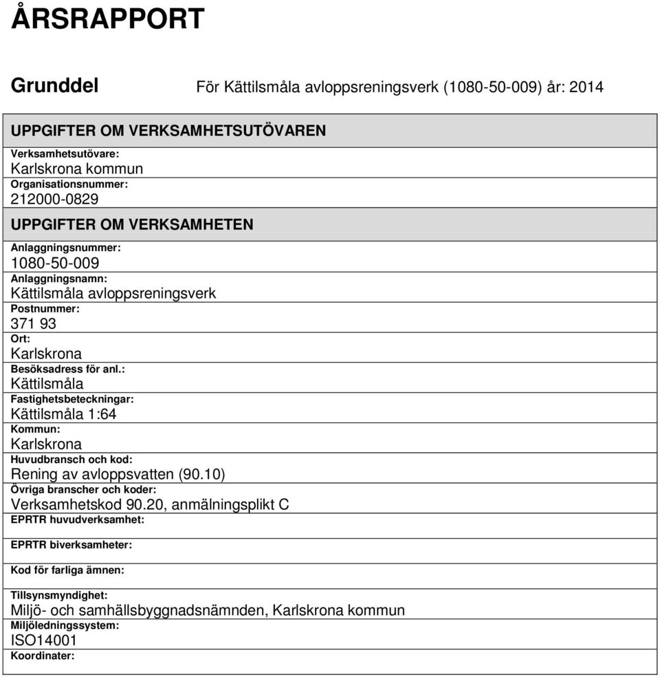 : Kättilsmåla Fastighetsbeteckningar: Kättilsmåla 1:64 Kommun: Karlskrona Huvudbransch och kod: Rening av avloppsvatten (90.10) Övriga branscher och koder: Verksamhetskod 90.