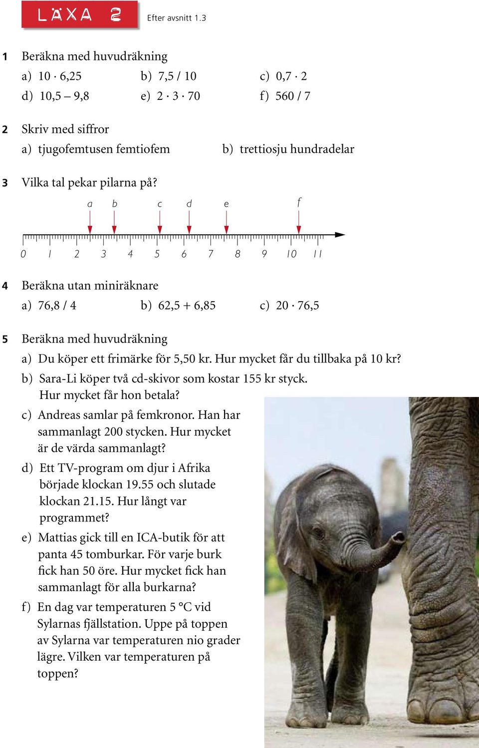 a b c d e f 0 1 2 3 4 5 6 7 8 9 10 11 4 Beräkna utan miniräknare a) 76,8 / 4 b) 62,5 + 6,85 c) 20 76,5 5 Beräkna med huvudräkning a) Du köper ett frimärke för 5,50 kr.