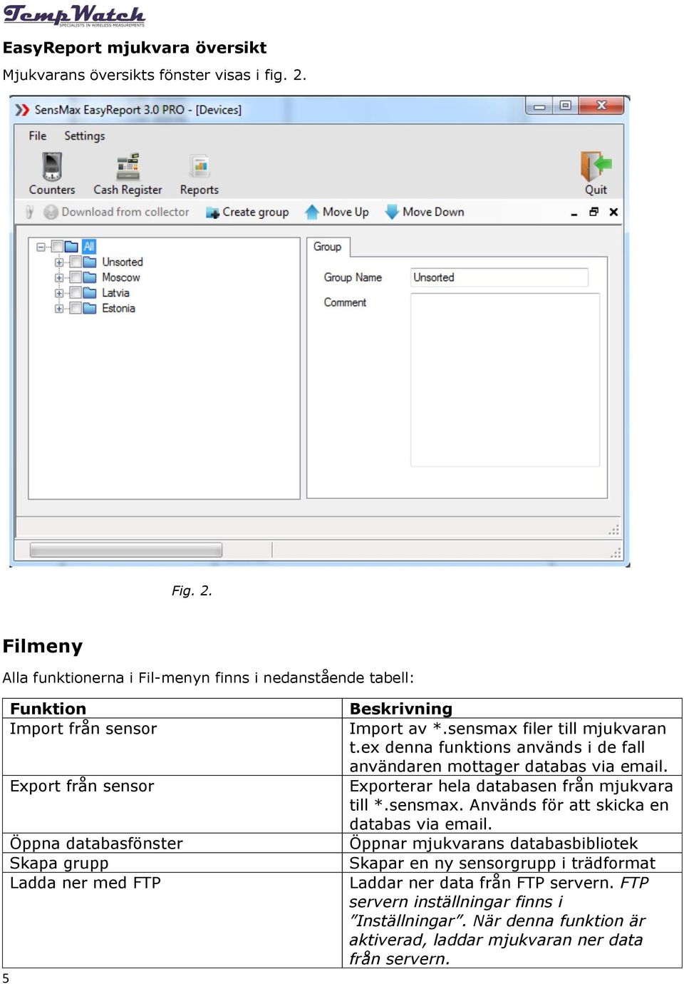 Filmeny Alla funktionerna i Fil-menyn finns i nedanstående tabell: Funktion Import från sensor Export från sensor Öppna databasfönster Skapa grupp Ladda ner med FTP 5