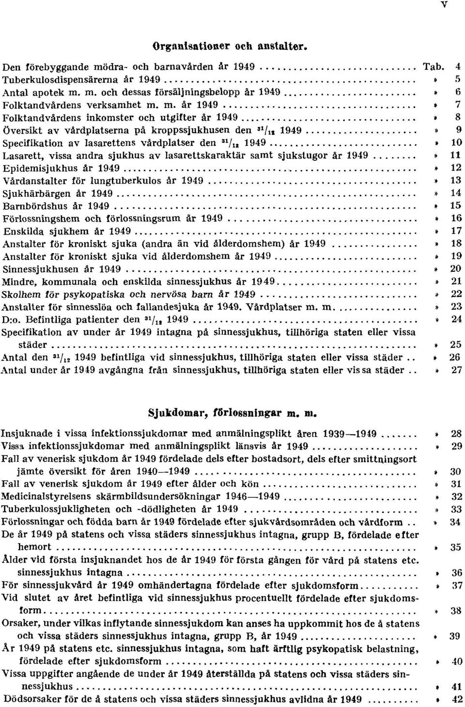 9 Specifikation av lasarettens vårdplatser den 31 / 12 1949 Tab. 10 Lasarett, vissa andra sjukhus av lasarettskaraktär samt sjukstugor år 1949 Tab. 11 Epidemisjukhus år 1949 Tab.