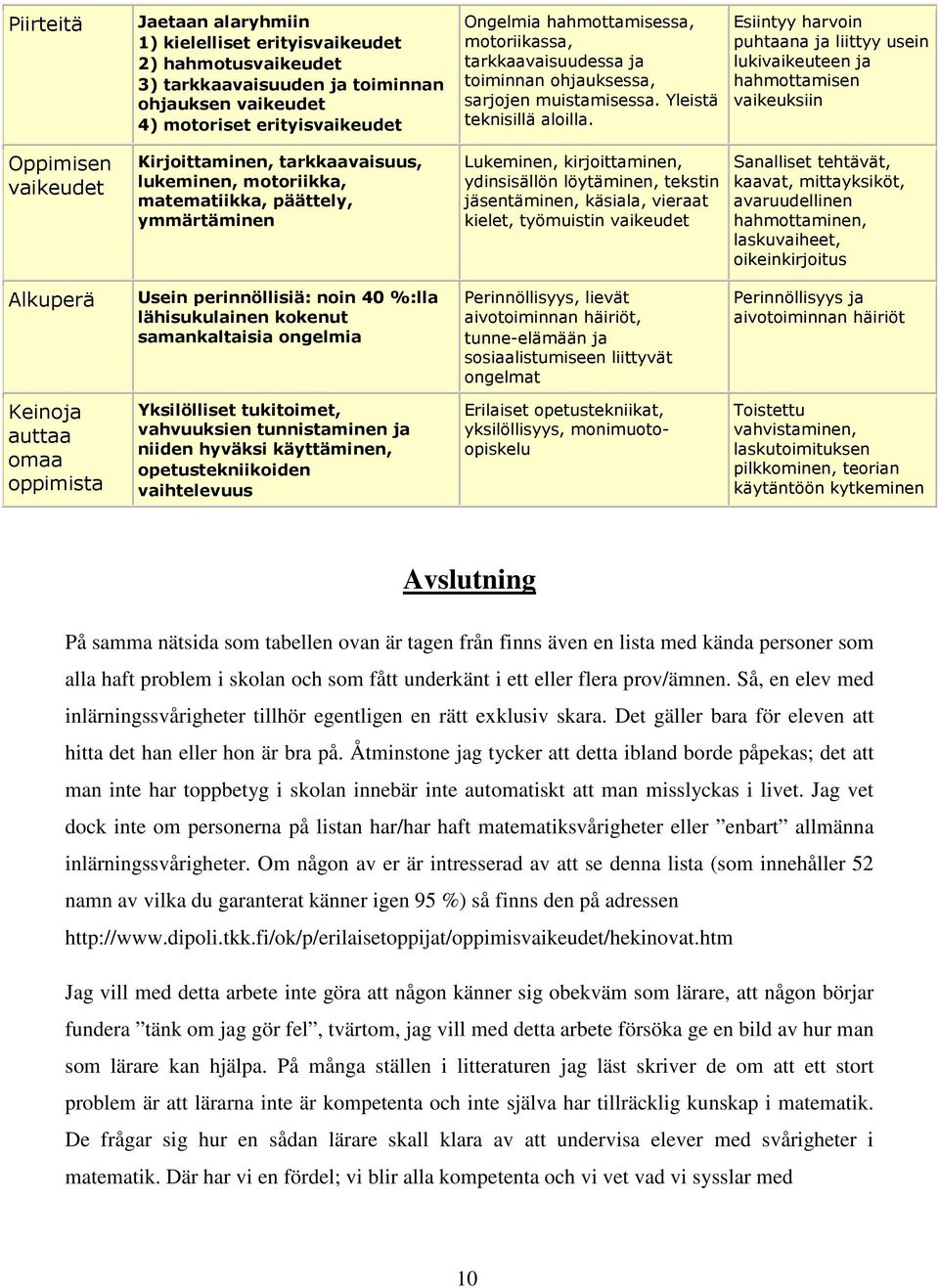 Esiintyy harvoin puhtaana ja liittyy usein lukivaikeuteen ja hahmottamisen vaikeuksiin Oppimisen vaikeudet Kirjoittaminen, tarkkaavaisuus, lukeminen, motoriikka, matematiikka, päättely, ymmärtäminen