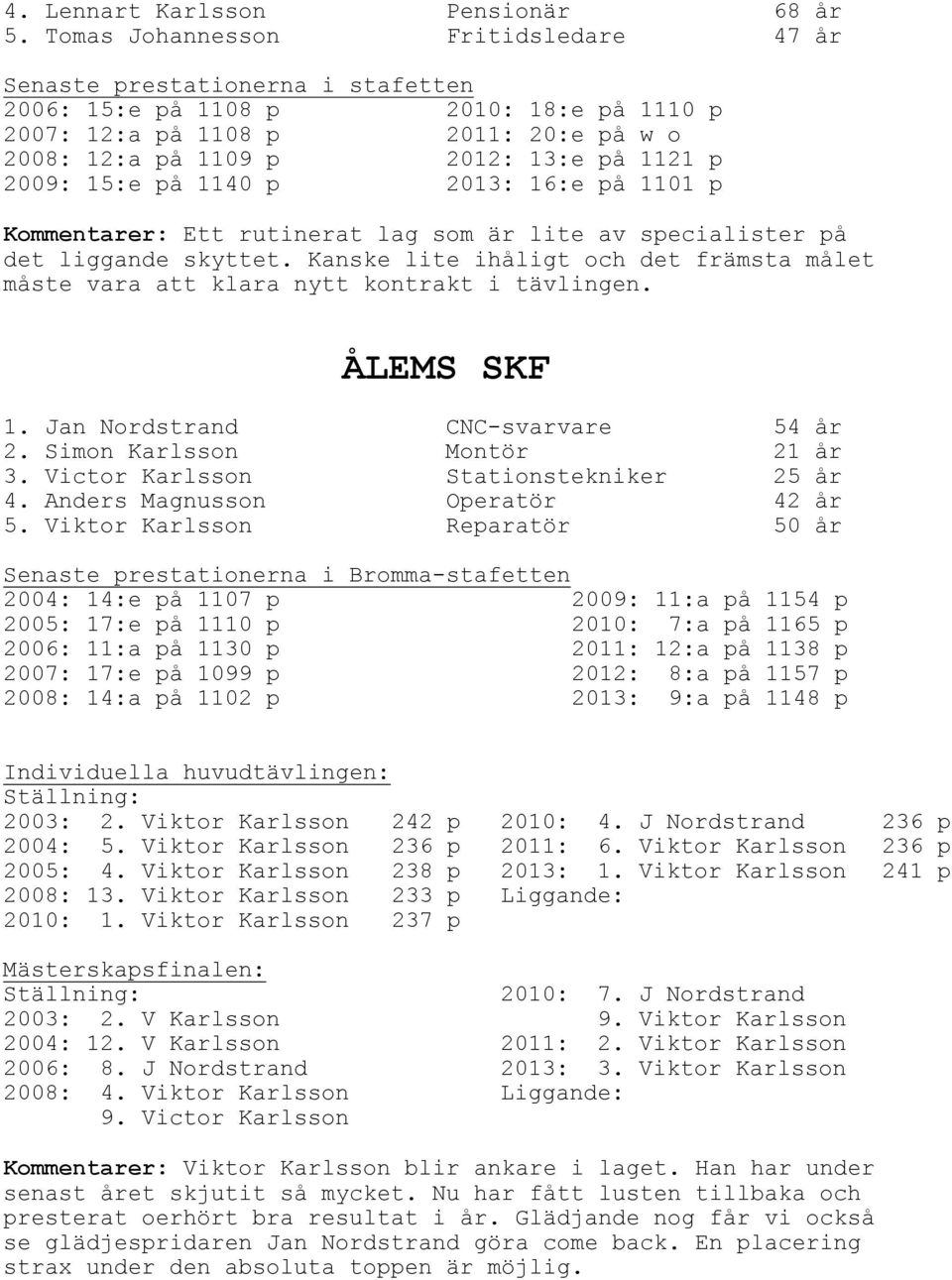 1101 p Kommentarer: Ett rutinerat lag som är lite av specialister på det liggande skyttet. Kanske lite ihåligt och det främsta målet måste vara att klara nytt kontrakt i tävlingen. ÅLEMS SKF 1.