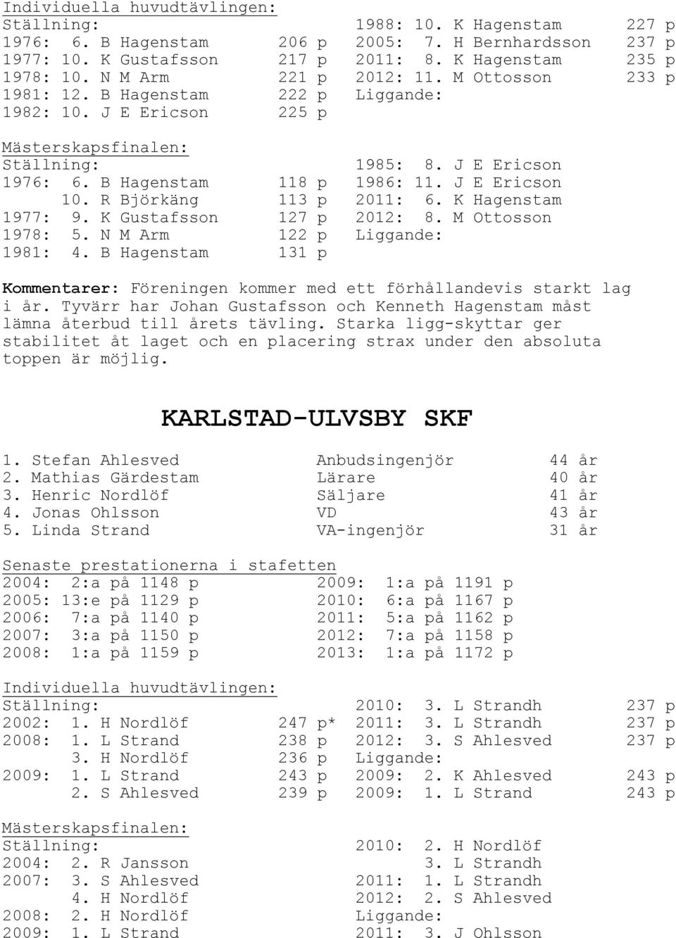 K Gustafsson 127 p 2012: 8. M Ottosson 1978: 5. N M Arm 122 p 1981: 4. B Hagenstam 131 p Kommentarer: Föreningen kommer med ett förhållandevis starkt lag i år.
