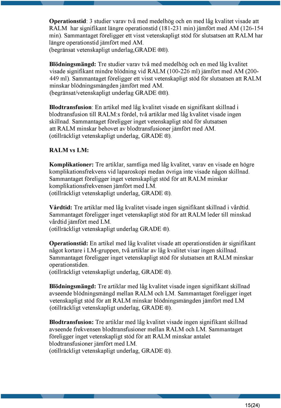 Blödningsmängd: Tre studier varav två med medelhög och en med låg kvalitet visade signifikant mindre blödning vid RALM (100-226 ml) jämfört med AM (200-449 ml).