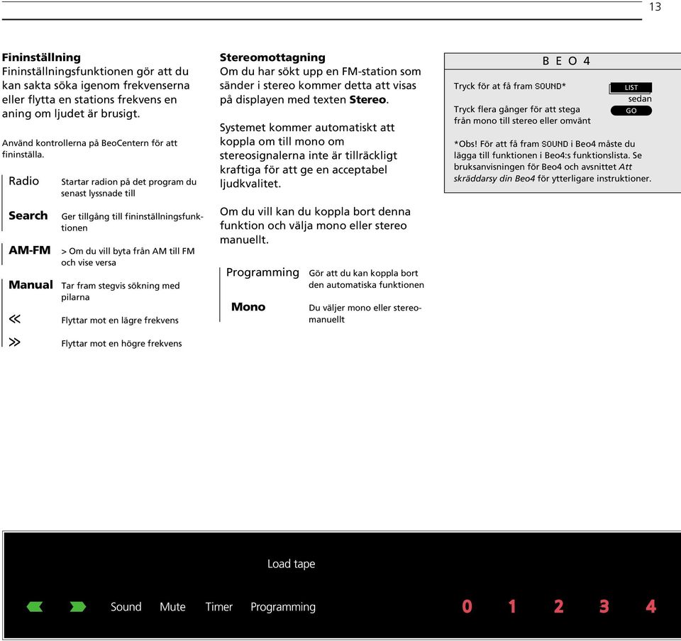 Radio Search AM-FM Startar radion på det program du senast lyssnade till Ger tillgång till fininställningsfunktionen > Om du vill byta från AM till FM och vise versa Manual Tar fram stegvis sökning