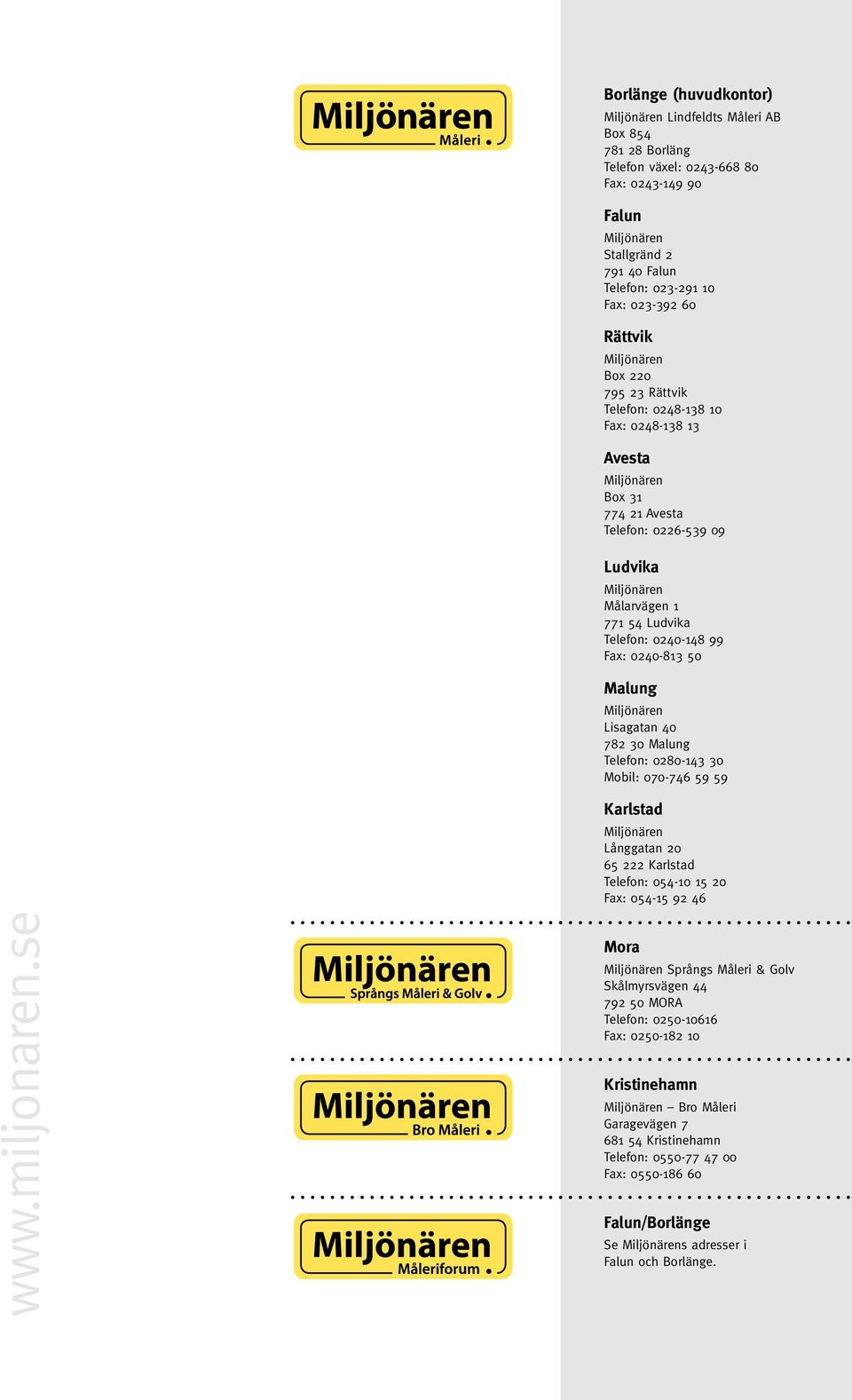 782 30 Malung Telefon: 0280-143 30 Mobil: 070-746 59 59 Karlstad Långgatan 20 65 222 Karlstad Telefon: 054-10 15 20 Fax: 054-15 92 46 www.miljonaren.