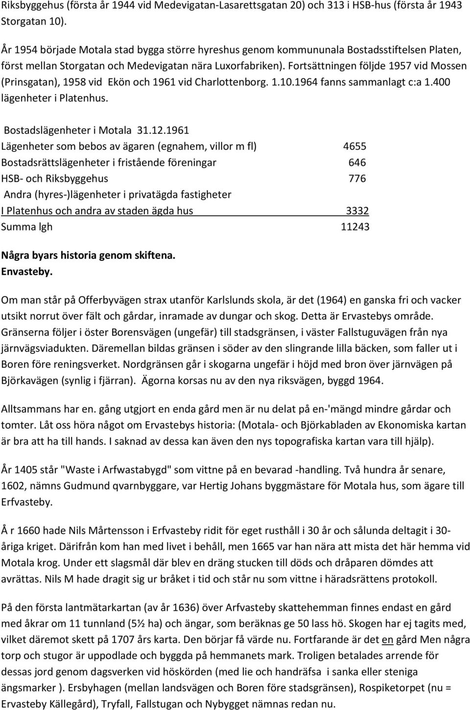 Fortsättningen följde 1957 vid Mossen (Prinsgatan), 1958 vid Ekön och 1961 vid Charlottenborg. 1.10.1964 fanns sammanlagt c:a 1.400 lägenheter i Platenhus. Bostadslägenheter i Motala 31.12.