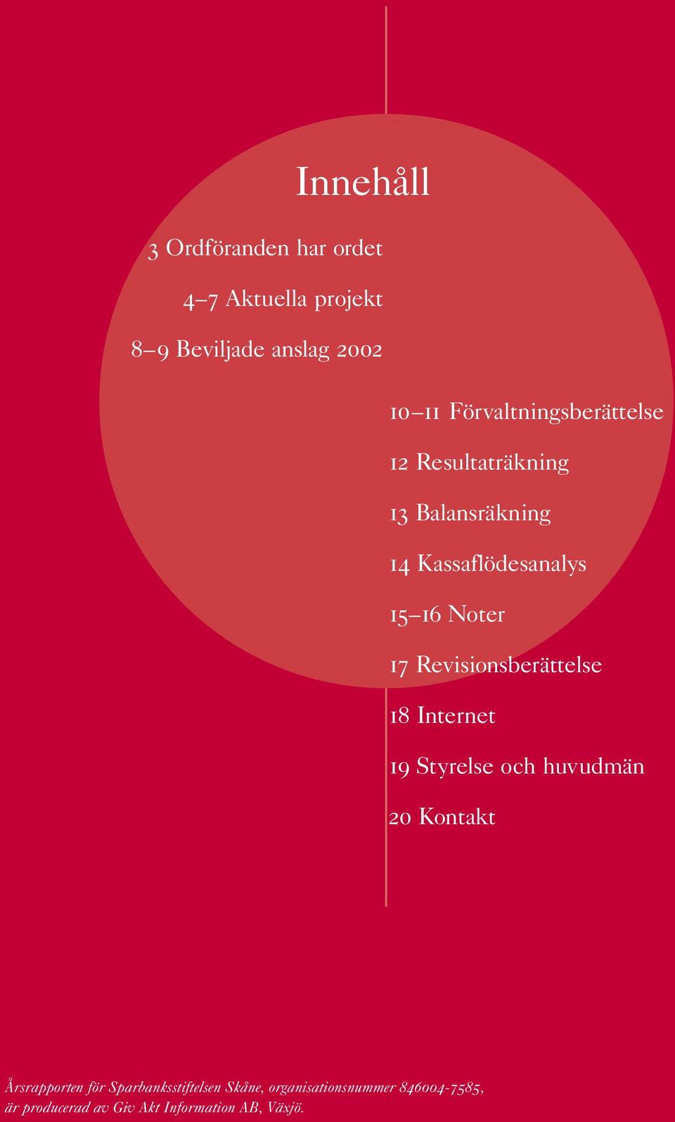 17 Revisionsberättelse 18 Internet 19 Styrelse och huvudmän 20 Kontakt Årsrapporten för