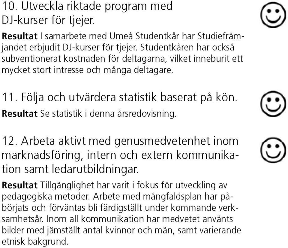 Resultat Se statistik i denna årsredovisning. 12. Arbeta aktivt med genusmedvetenhet inom marknadsföring, intern och extern kommunikation samt ledarutbildningar.