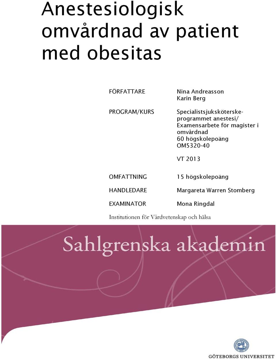 magister i omvårdnad 60 högskolepoäng OM5320-40 VT 2013 OMFATTNING HANDLEDARE