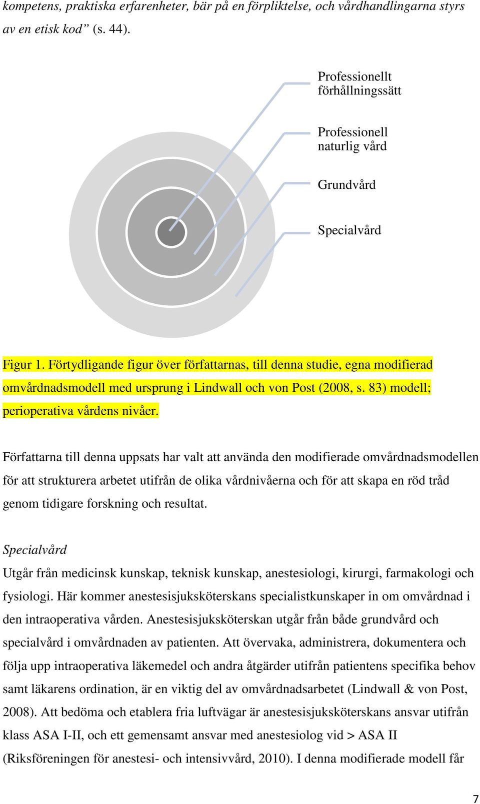 Förtydligande figur över författarnas, till denna studie, egna modifierad omvårdnadsmodell med ursprung i Lindwall och von Post (2008, s. 83) modell; perioperativa vårdens nivåer.