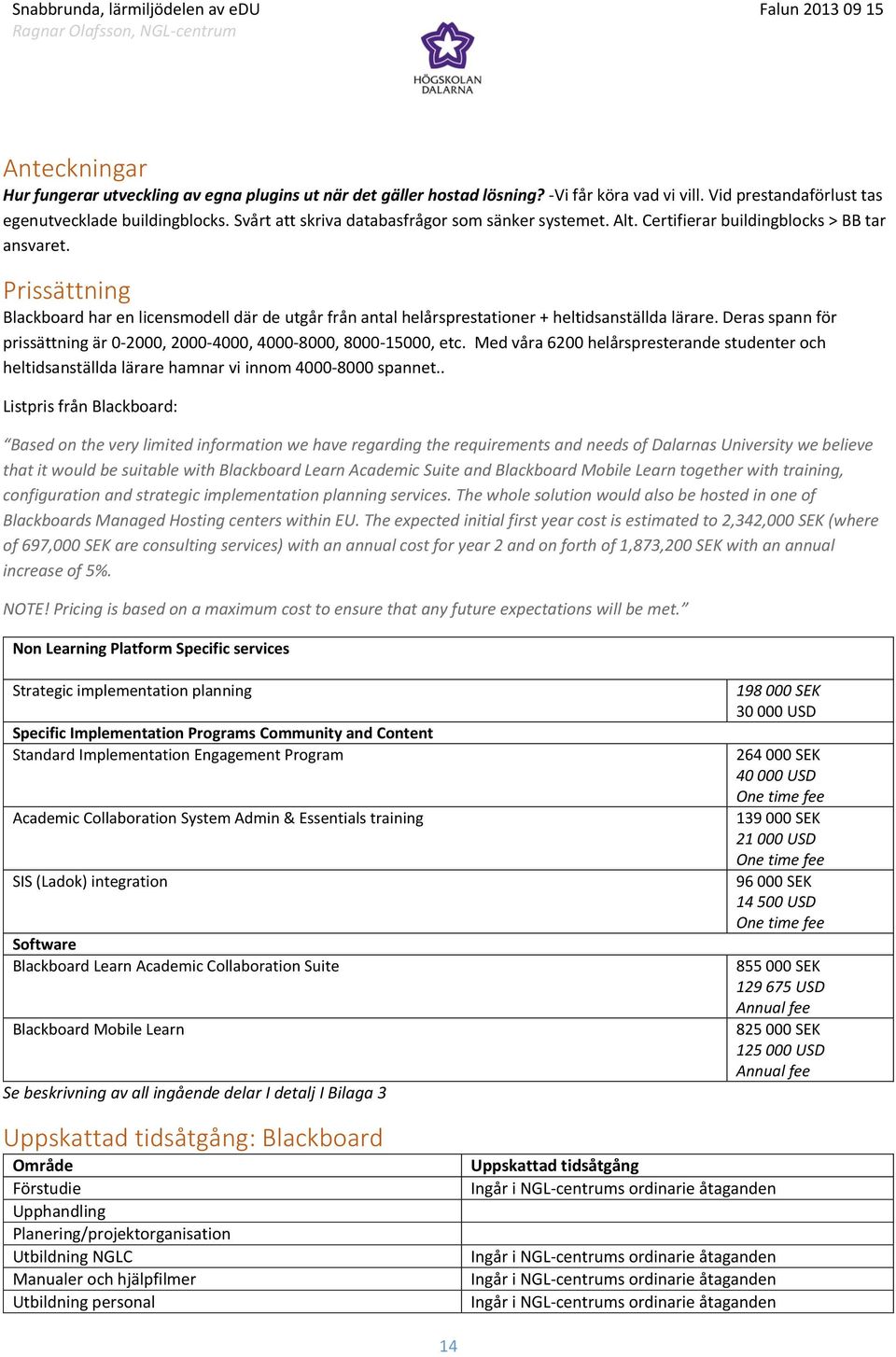 Prissättning Blackboard har en licensmodell där de utgår från antal helårsprestationer + heltidsanställda lärare. Deras spann för prissättning är 0-2000, 2000-4000, 4000-8000, 8000-15000, etc.