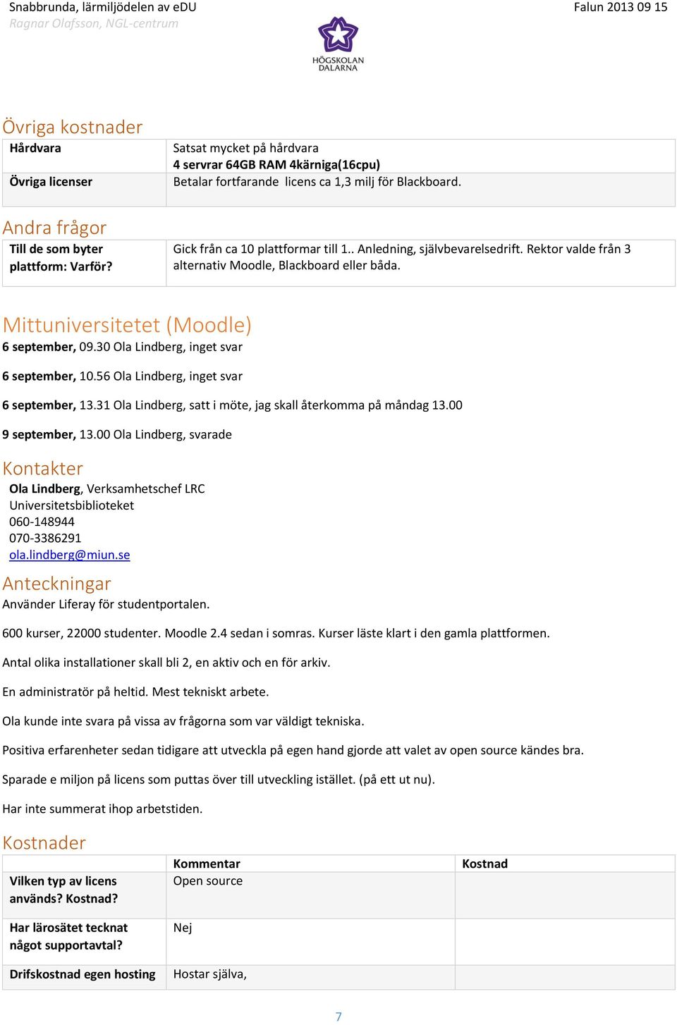 Rektor valde från 3 alternativ Moodle, Blackboard eller båda. Mittuniversitetet (Moodle) 6 september, 09.30 Ola Lindberg, inget svar 6 september, 10.56 Ola Lindberg, inget svar 6 september, 13.