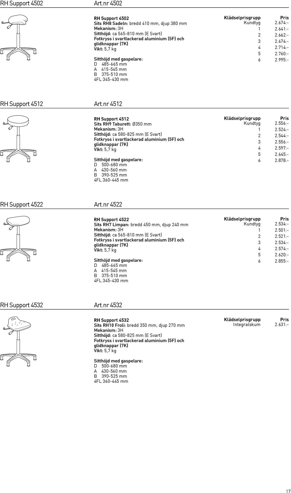 med gaspelare: D 485-665 mm A 415-545 mm B 375-510 mm 4FL 345-430 mm Kundtyg 2.674:- 1 2.641:- 2 2.662:- 3 2.674:- 4 2.714:- 5 2.760:- 6 2.995:- RH Support 4512 Art.