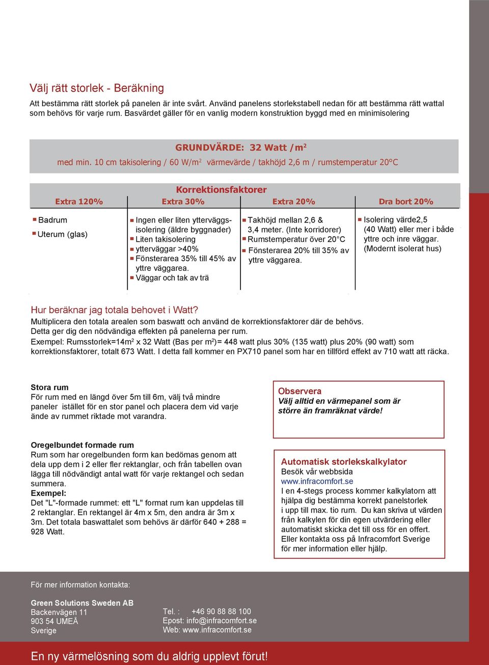 10 cm takisolering / 60 W/m 2 värmevärde / takhöjd 2,6 m / rumstemperatur 20 C Korrektionsfaktorer Extra 120% Extra 30% Extra 20% Dra bort 20% Badrum Uterum (glas) Ingen eller liten