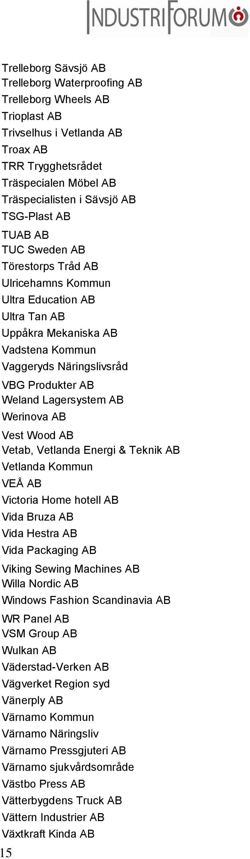 Werinova AB Vest Wood AB Vetab, Vetlanda Energi & Teknik AB Vetlanda Kommun VEÅ AB Victoria Home hotell AB Vida Bruza AB Vida Hestra AB Vida Packaging AB Viking Sewing Machines AB Willa Nordic AB