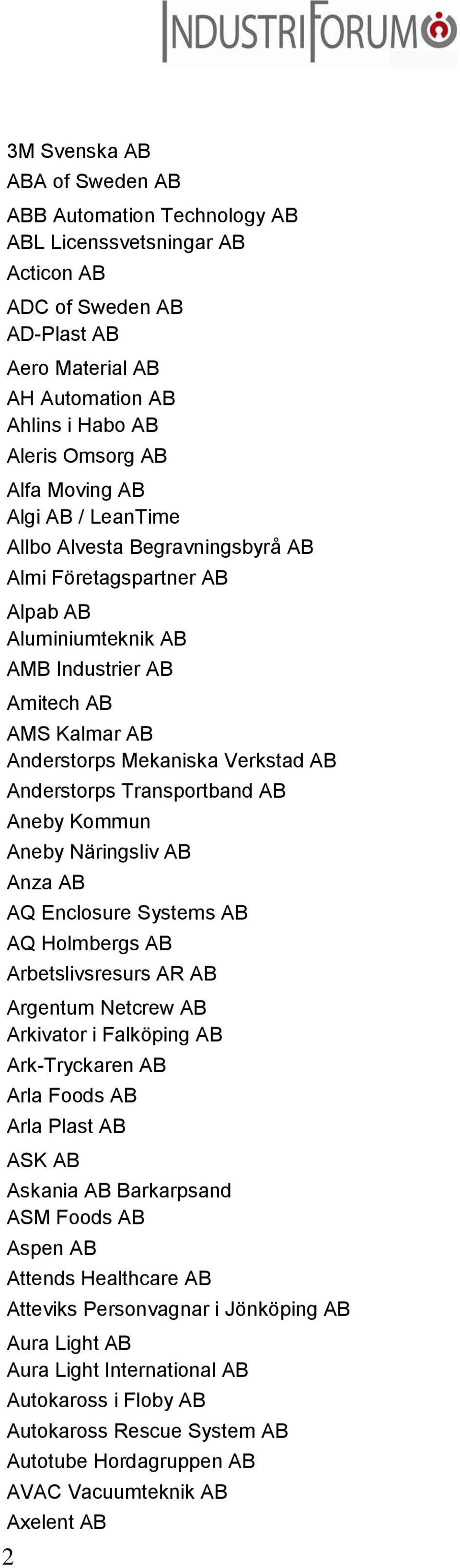 Anderstorps Transportband AB Aneby Kommun Aneby Näringsliv AB Anza AB AQ Enclosure Systems AB AQ Holmbergs AB Arbetslivsresurs AR AB Argentum Netcrew AB Arkivator i Falköping AB Ark-Tryckaren AB Arla