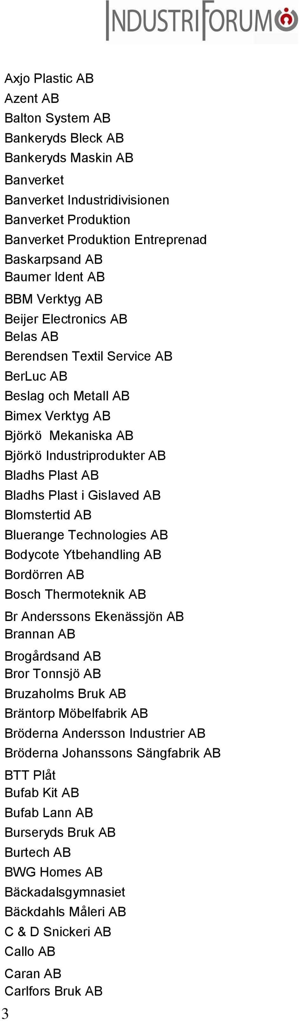 Bladhs Plast i Gislaved AB Blomstertid AB Bluerange Technologies AB Bodycote Ytbehandling AB Bordörren AB Bosch Thermoteknik AB Br Anderssons Ekenässjön AB Brannan AB Brogårdsand AB Bror Tonnsjö AB