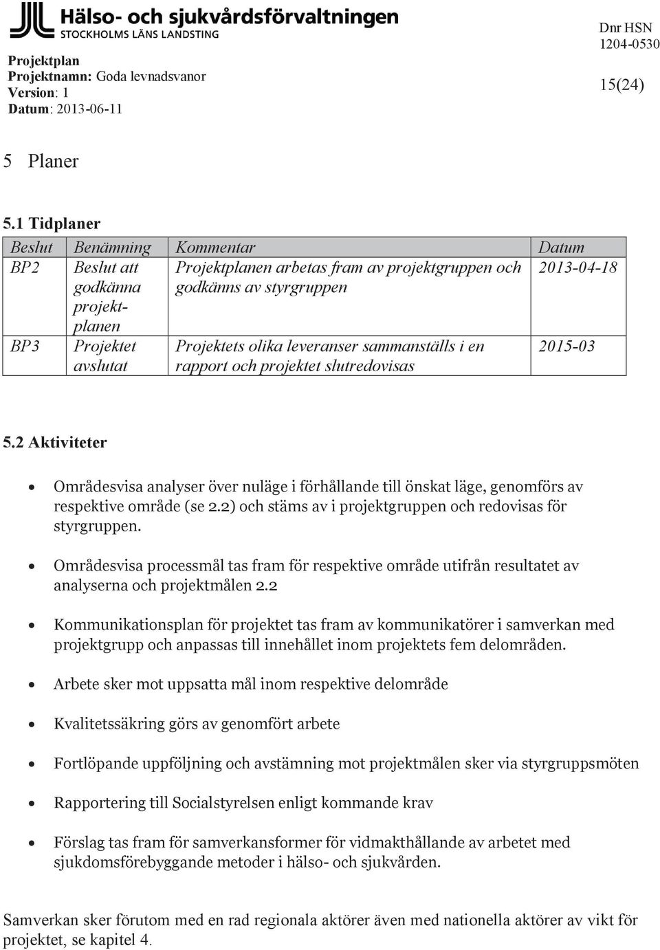 Projektets olika leveranser sammanställs i en rapport och projektet slutredovisas 2015-03 5.