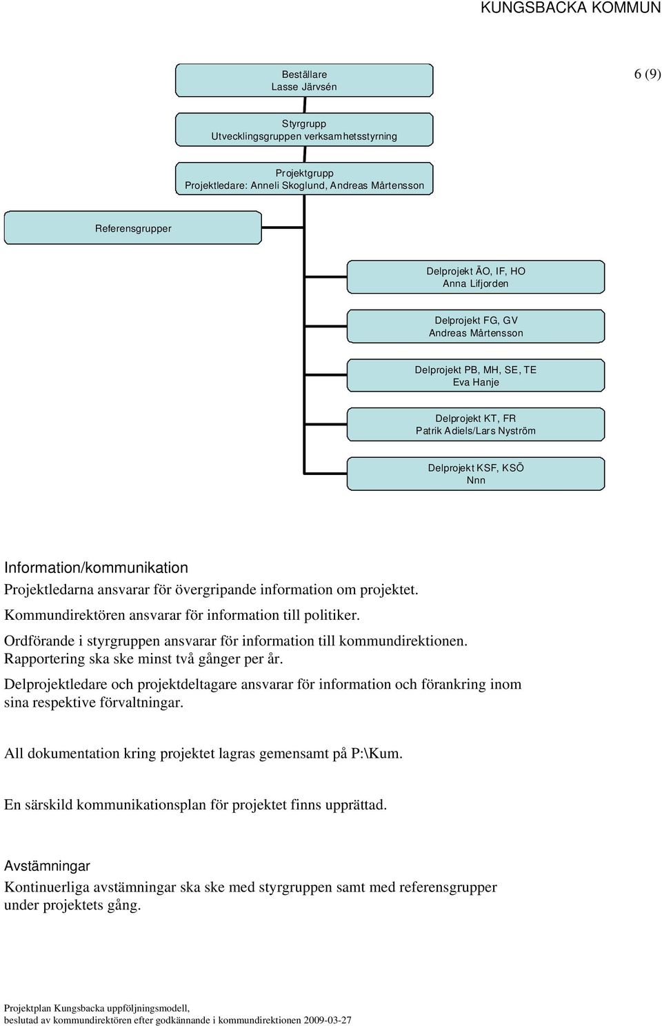 övergripande information om projektet. Kommundirektören ansvarar för information till politiker. Ordförande i styrgruppen ansvarar för information till kommundirektionen.