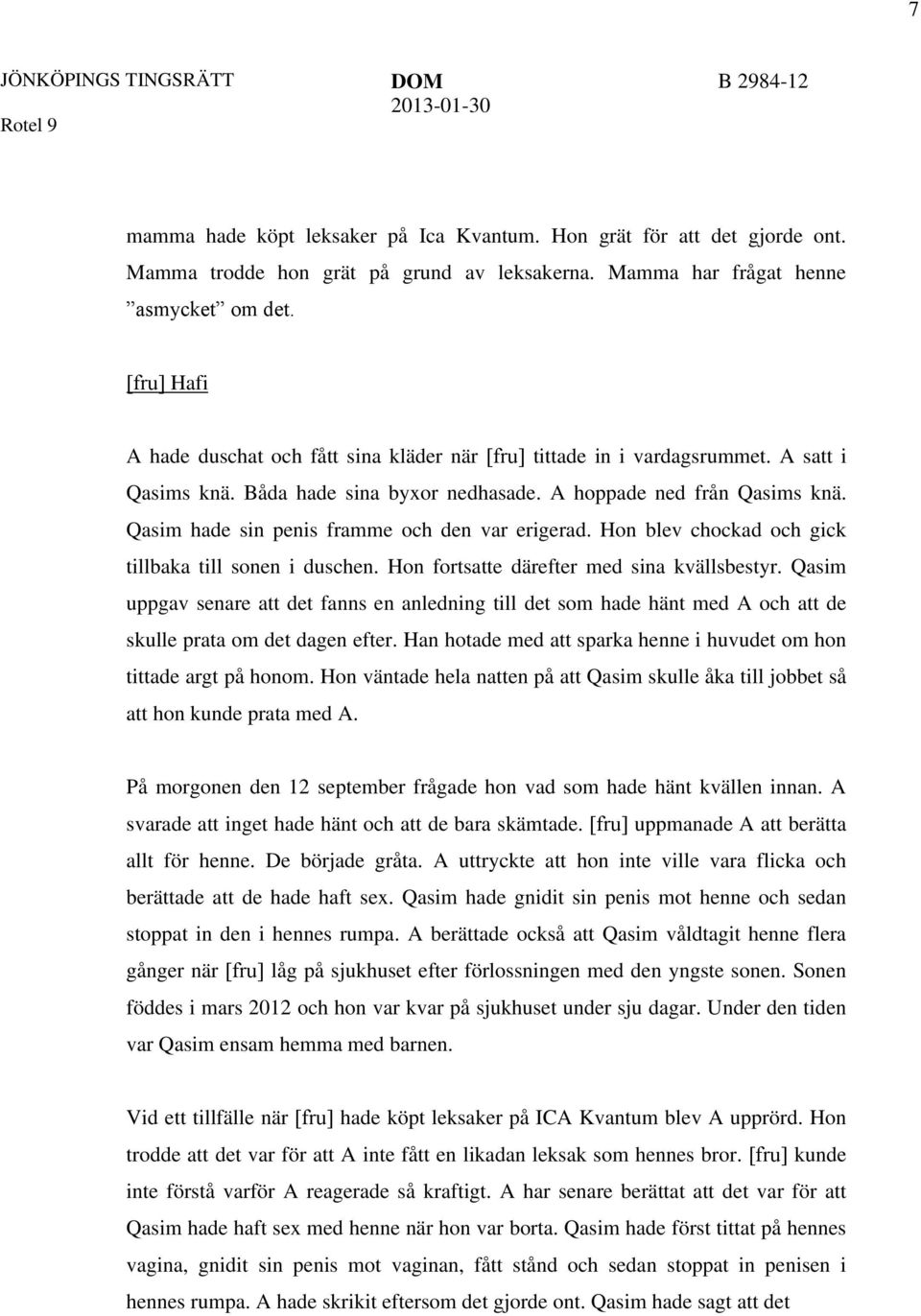 Qasim hade sin penis framme och den var erigerad. Hon blev chockad och gick tillbaka till sonen i duschen. Hon fortsatte därefter med sina kvällsbestyr.