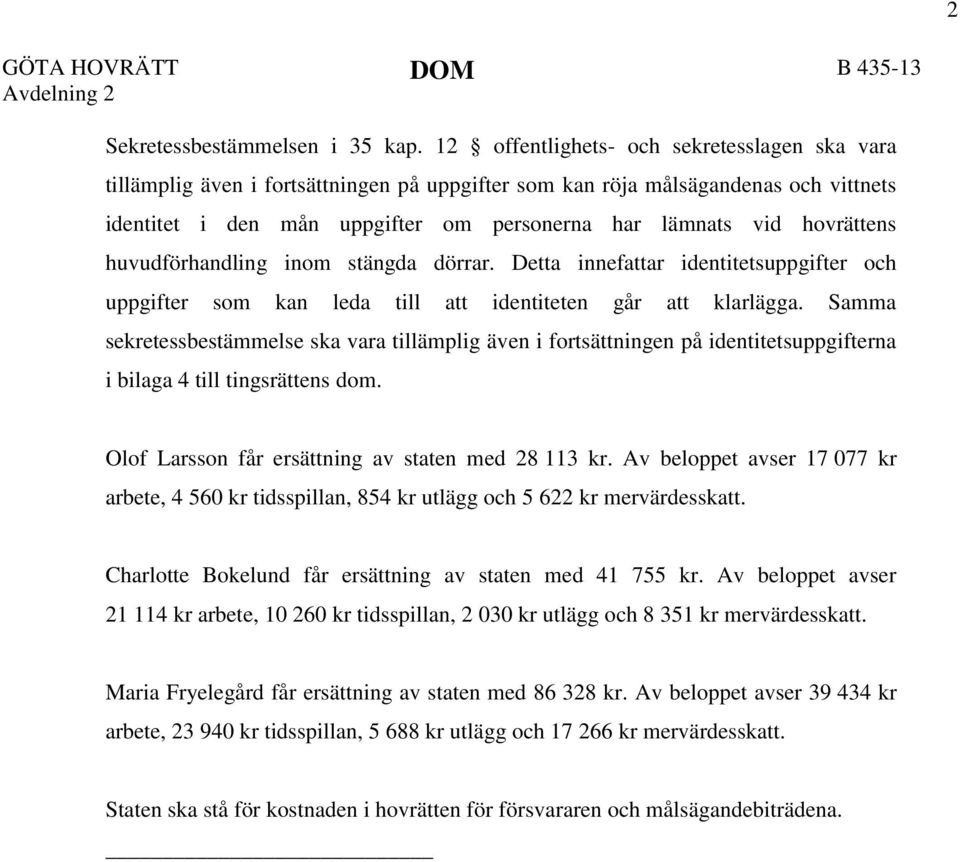 hovrättens huvudförhandling inom stängda dörrar. Detta innefattar identitetsuppgifter och uppgifter som kan leda till att identiteten går att klarlägga.