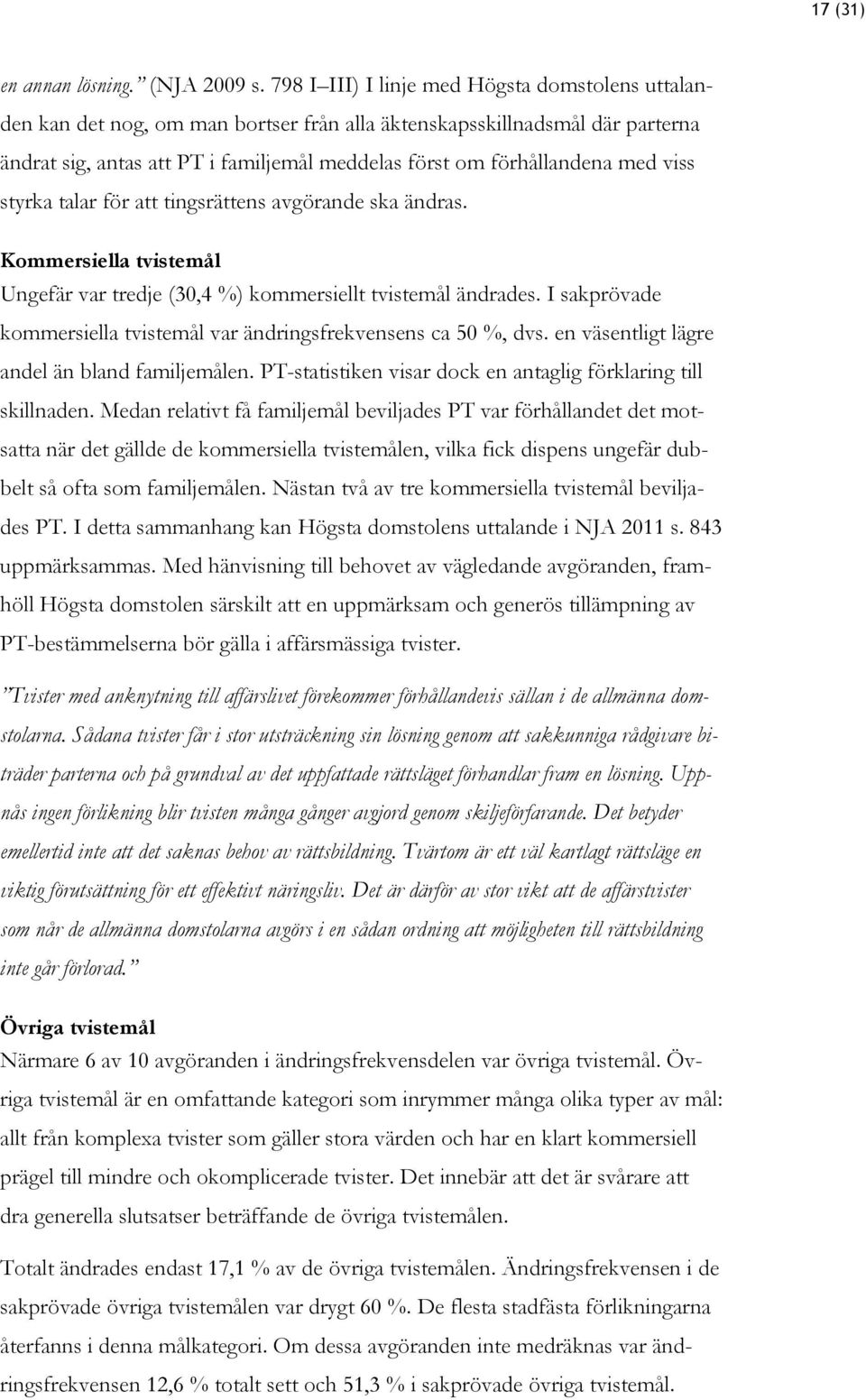 viss styrka talar för att tingsrättens avgörande ska ändras. Kommersiella tvistemål Ungefär var tredje (30,4 %) kommersiellt tvistemål ändrades.