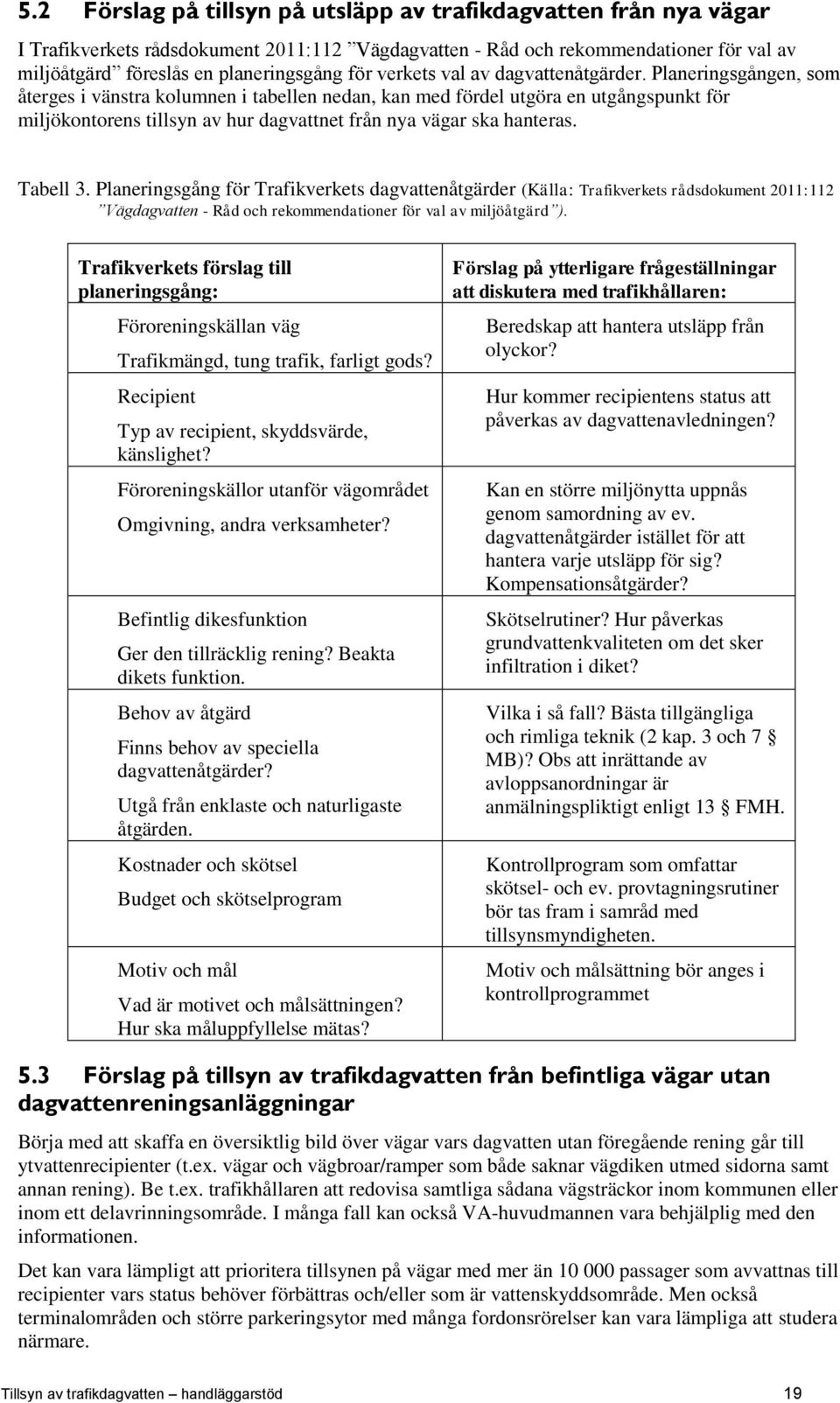 Planeringsgången, som återges i vänstra kolumnen i tabellen nedan, kan med fördel utgöra en utgångspunkt för miljökontorens tillsyn av hur dagvattnet från nya vägar ska hanteras. Tabell 3.