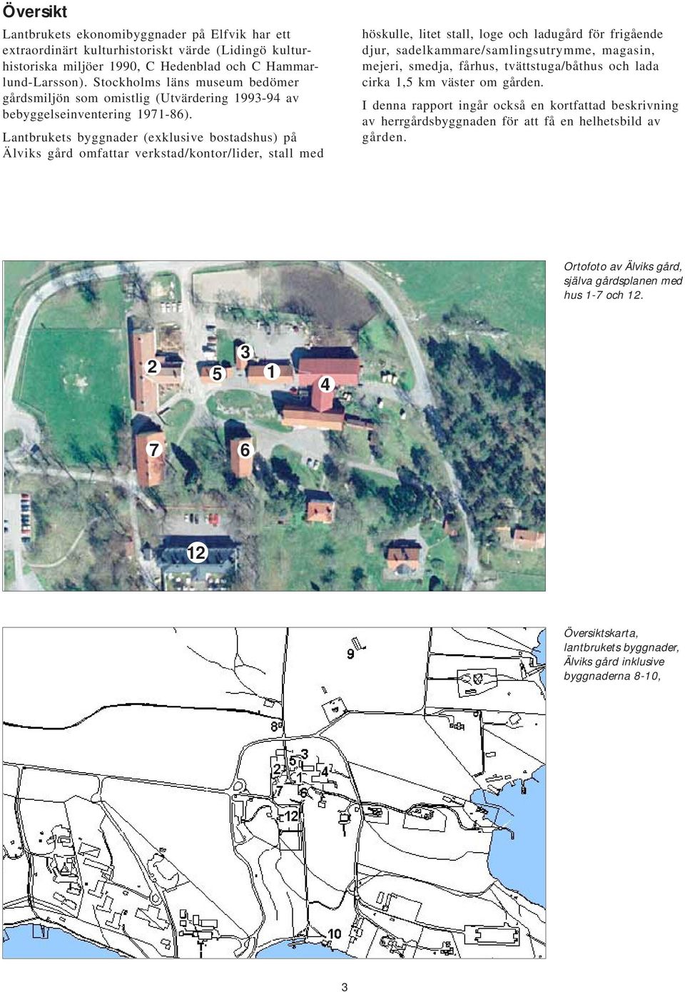 Lantbrukets byggnader (exklusive bostadshus) på Älviks gård omfattar verkstad/kontor/lider, stall med höskulle, litet stall, loge och ladugård för frigående djur, sadelkammare/samlingsutrymme,